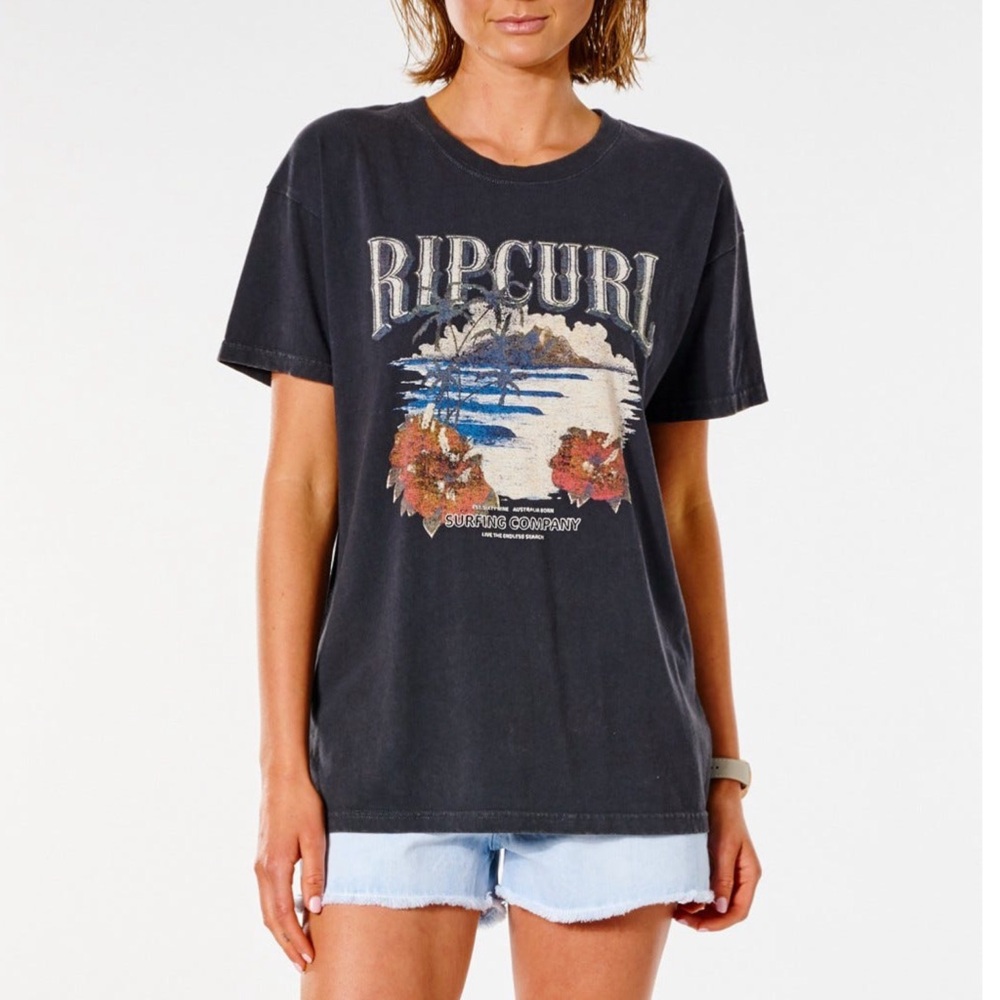 Womens Rip Curl Surf Short Sleeve Oversized Graphic Palm Tree Hibiscus T Shirt M